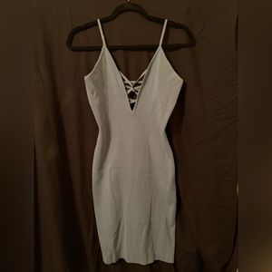 Pale Blue, Body-con, Low-cut front w/criss cross back.